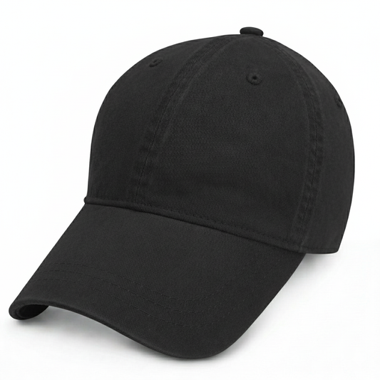 Front left view of a black unstructured cotton baseball cap for big heads with a relaxed fit and 6-panel design.