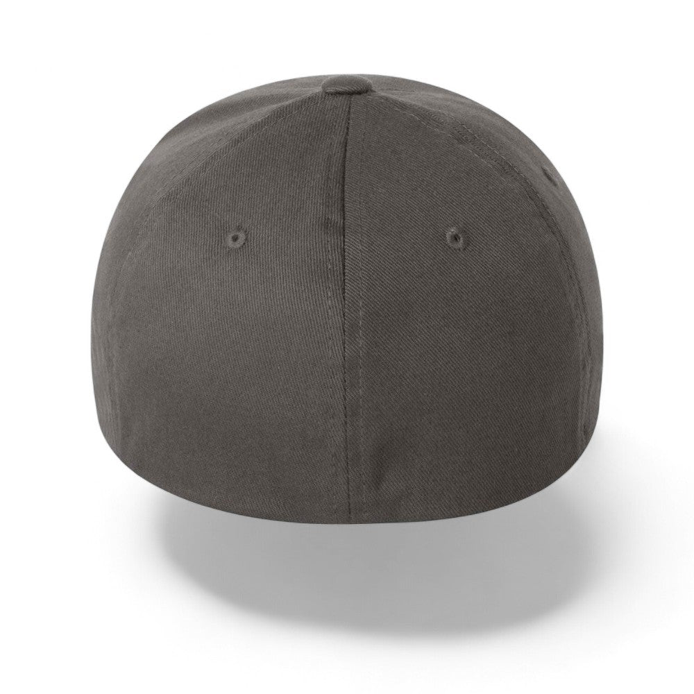 rear view of a dark gray flexfit stretchable unstructured baseball cap for big heads in size 3XL