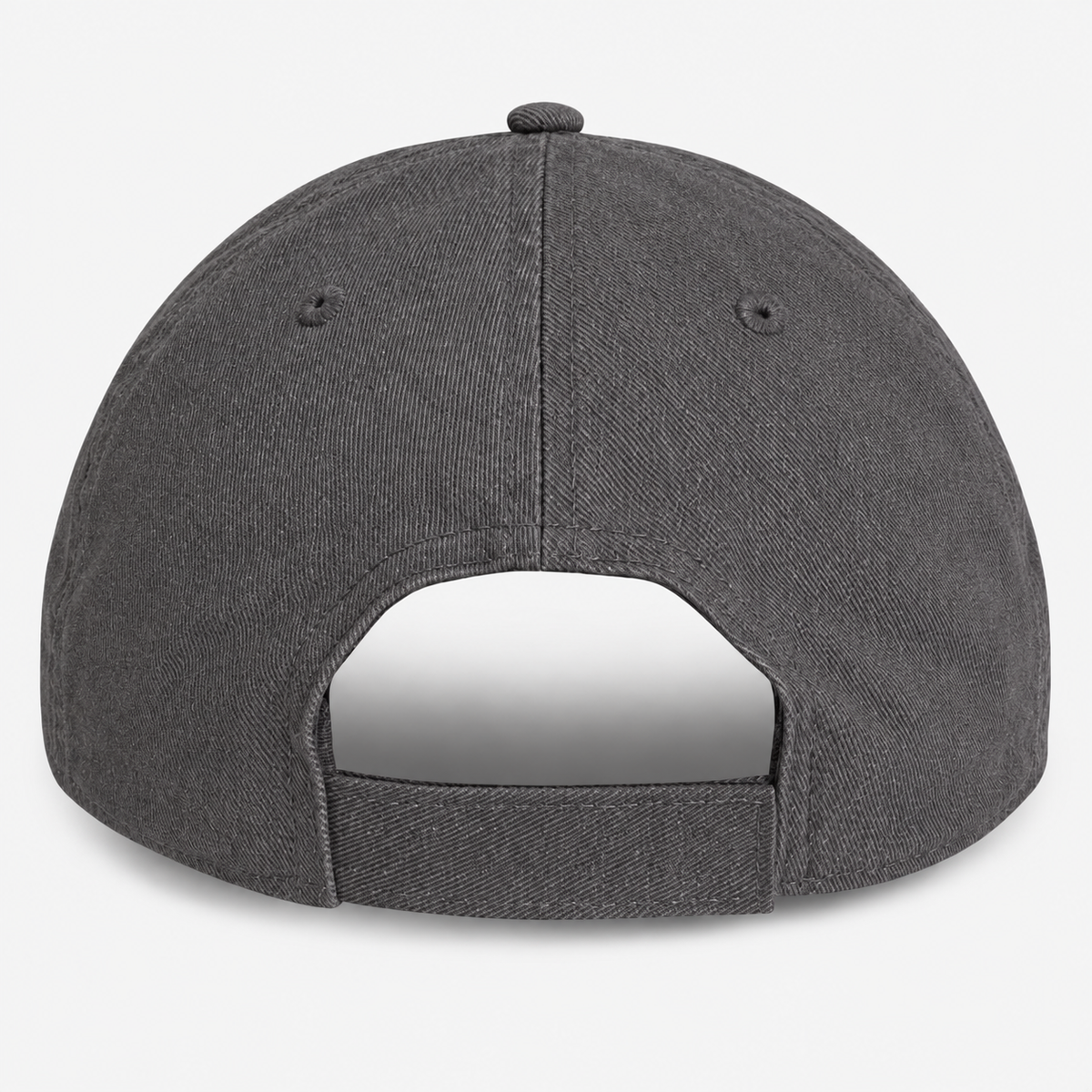 The back view of a dark gray fabric baseball cap with an adjustable snapback strap, shown on a light gray background.