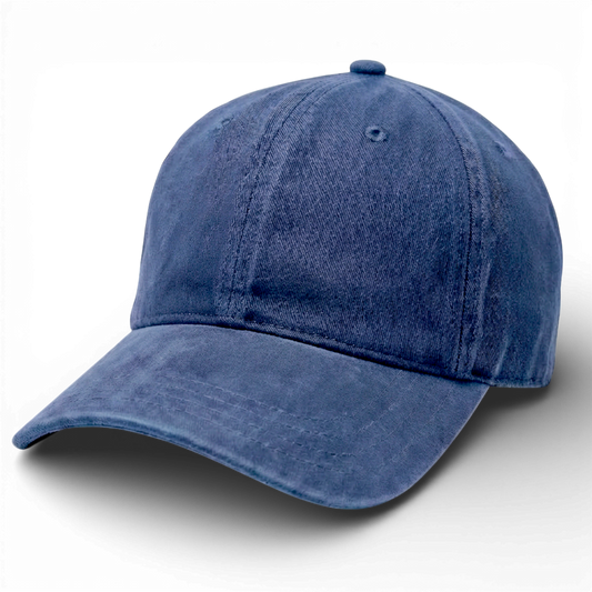 SC Headwear baseball cap, navy blue weathered denim with extra crown depth and visor length, front view on transparent background