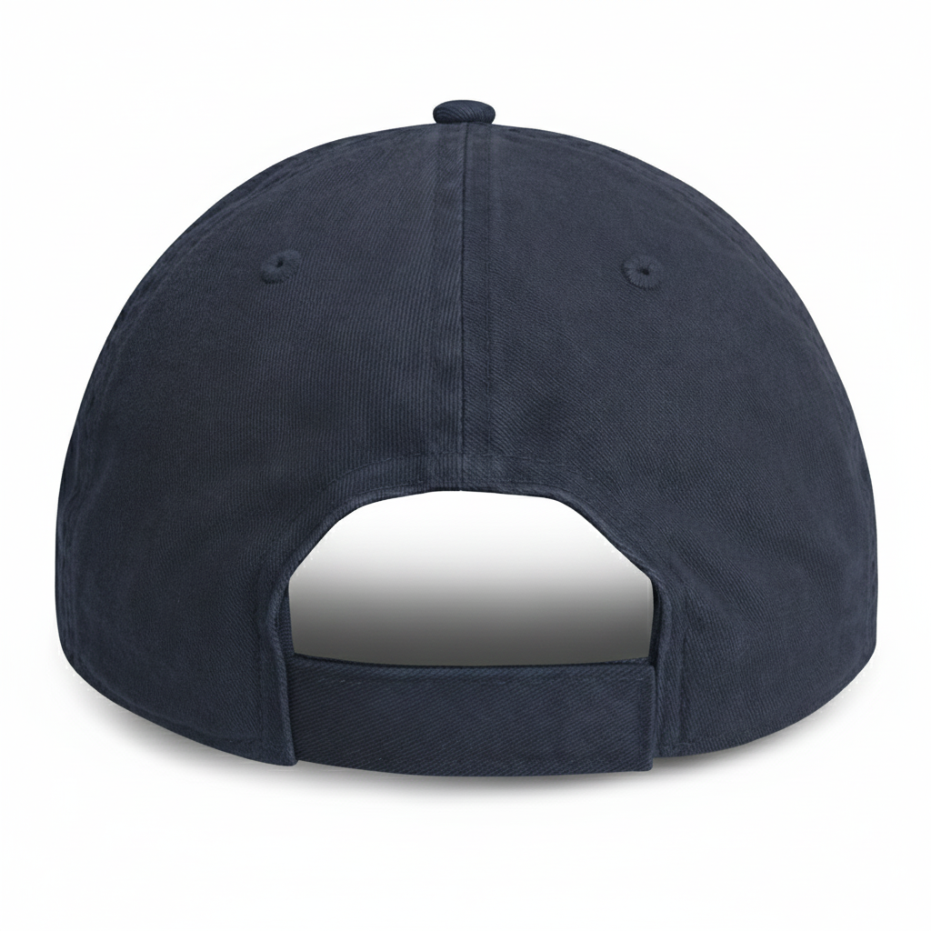 rear view of a navy blue unstructured baseball cap with adjustable velcro strap for big heads in size 3XL
