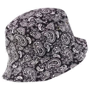 Bandana Print Bucket Hat - Black & White Paisley front view