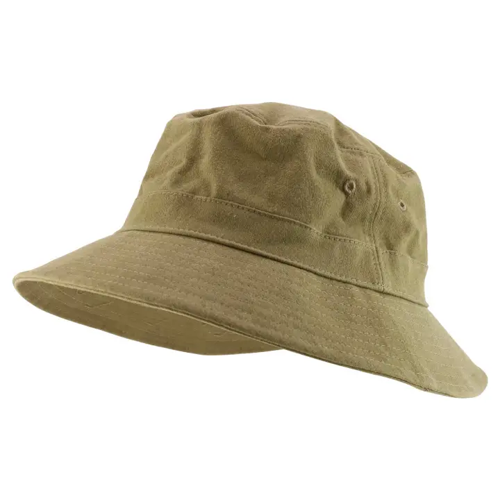 A classic bucket hat in a muted khaki pigment dyed color, shown from a three-quarters angle against a plain white background.