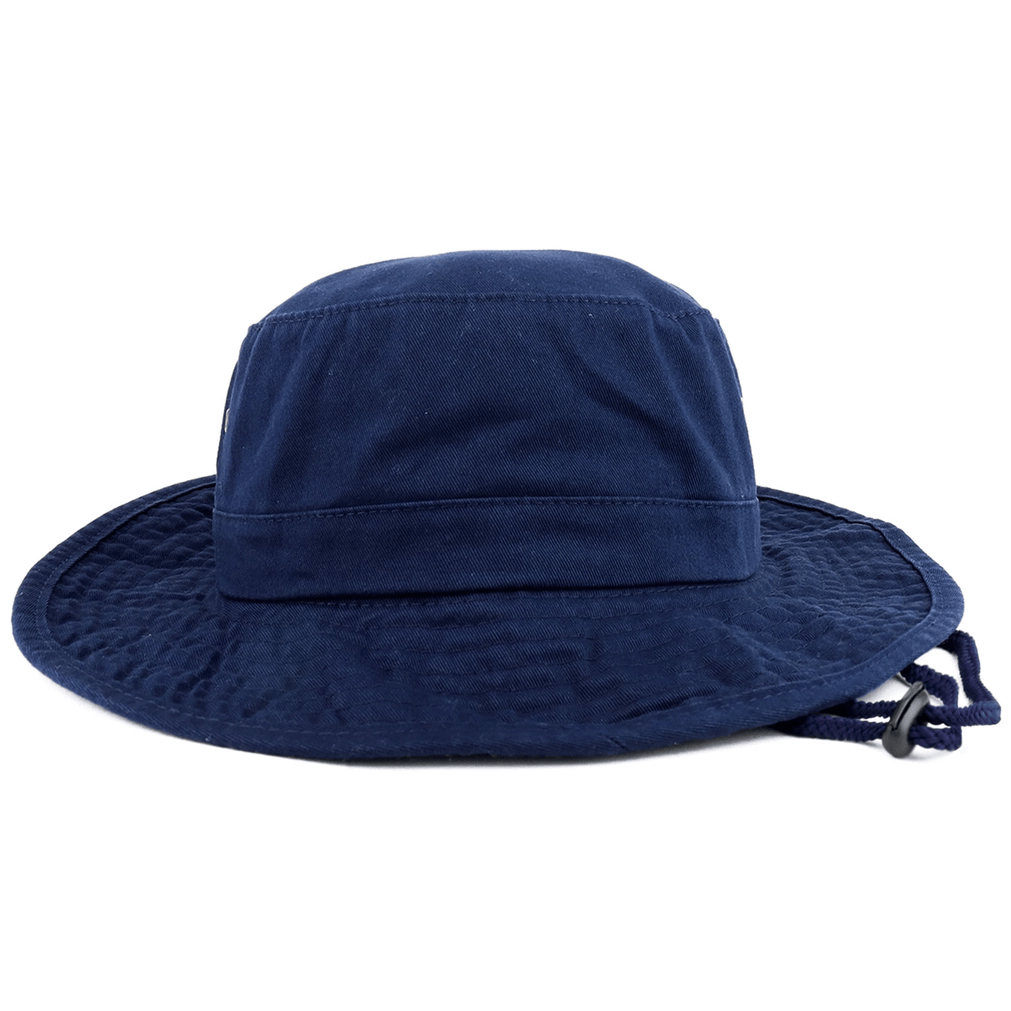 A navy blue wide-brimmed bucket hat with a matching fabric chin strap and black plastic toggle, front view shown against a plain white background.