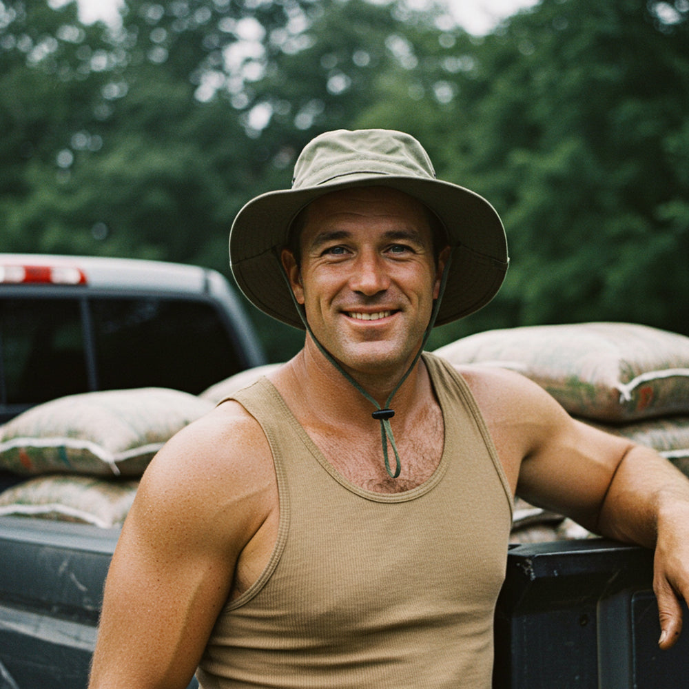 SC Headwear, Boonie Hat for big heads, 100% cotton, safari green, wide brim, deep crown, shown on a smiling man beside a loaded pickup truck.