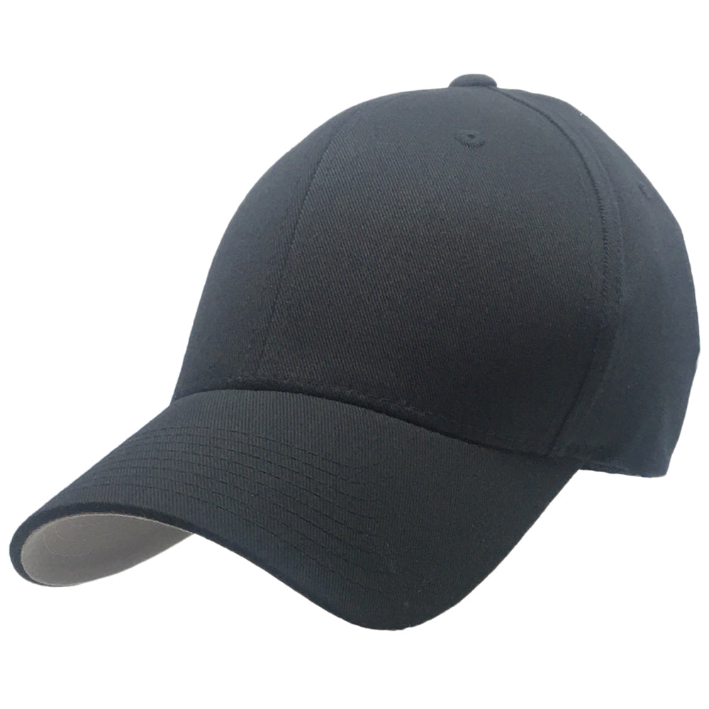 Flexfit baseball cap s, black stretch cotton blend fabric with extra deep crown, left profile curved visor view on white background
