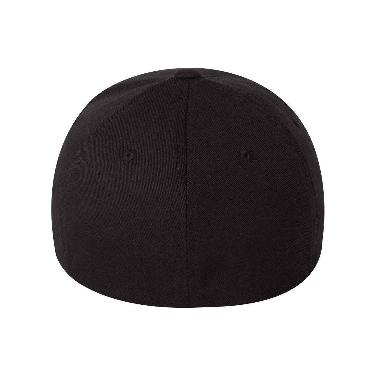 Flexfit baseball cap, black stretch cotton blend fabric with extra deep crown, rear view on white background