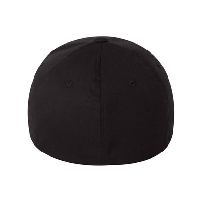 Flexfit baseball cap, black stretch cotton blend fabric with extra deep crown, rear view on white background