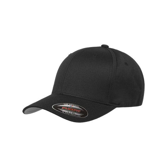 Flexfit baseball cap for large head sizes, black stretch cotton blend fabric with extra deep crown, left front view on white background