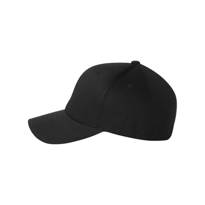 Flexfit baseball cap for large head sizes, black stretch cotton blend fabric with extra deep crown, left profile view on white background