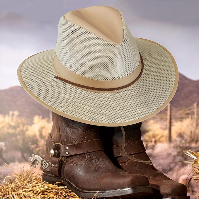 Khaki colored Aussie style fedora hat with Mesh on boots