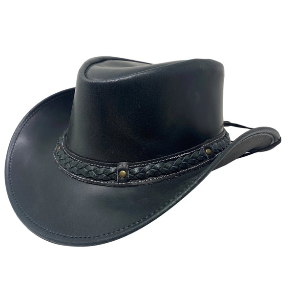 front view of Aussie Style, black leather, western hat in size 2XL for big heads 