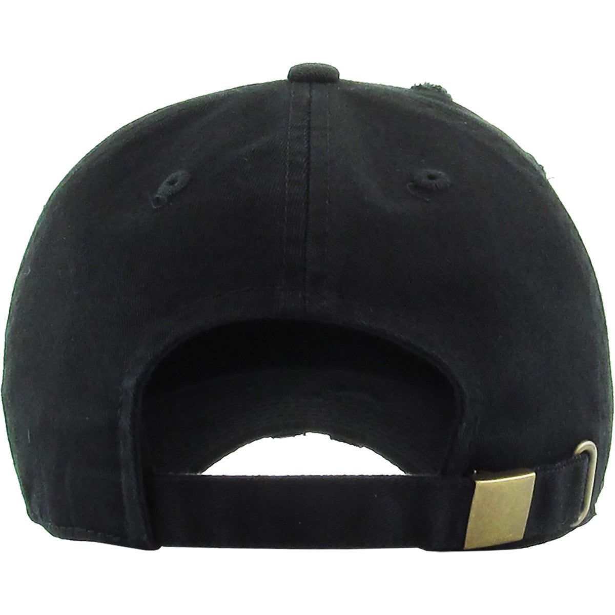 KB unstructured baseball cap, black distressed cotton low profile crown, fabric strap and brass clasp, rear view on white background