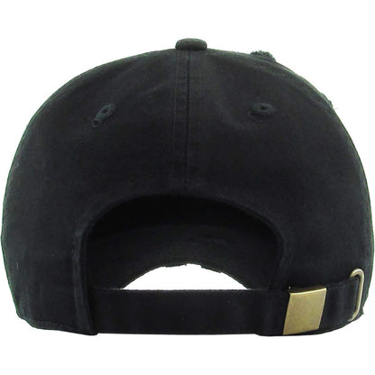 KB unstructured baseball cap, black distressed cotton low profile crown, fabric strap and brass clasp, rear view on white background