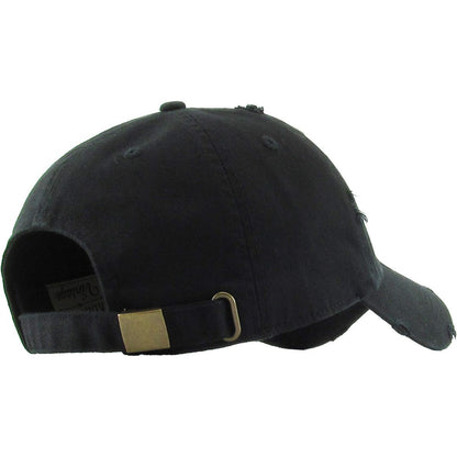 KB unstructured baseball cap for big heads, black distressed cotton low profile crown, fabric strap and brass clasp, rear right view on white background