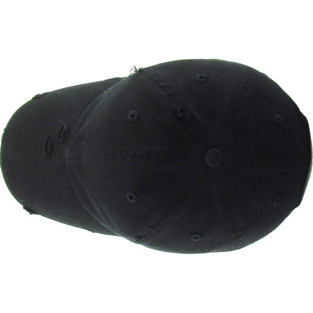 KB unstructured baseball cap, black distressed cotton low profile crown, fabric strap and brass clasp, top view on white background