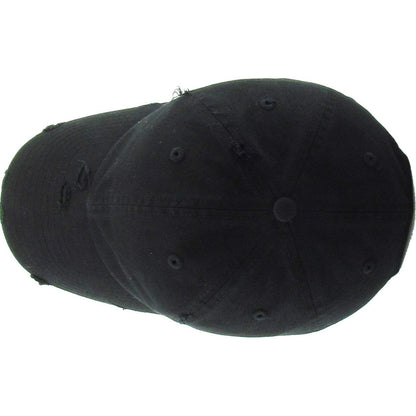 KB unstructured baseball cap, black distressed cotton low profile crown, fabric strap and brass clasp, top view on white background