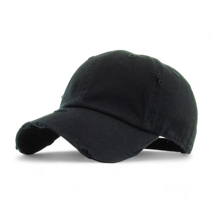 KB unstructured baseball cap, black distressed cotton  low profile crown, front view on white background