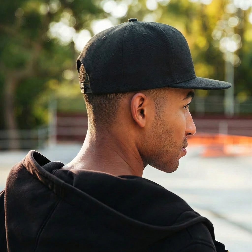 Man wearing a black baseball cap, promoting Baseball Caps collection