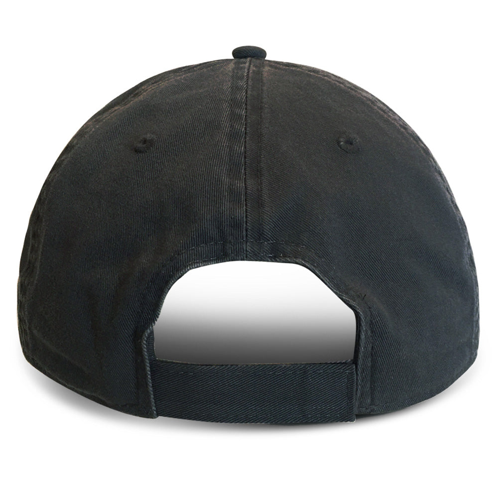 rear view of a black weathered unstructured baseball cap  with adjustable velcro strap for big heads in size 3XL/4XL