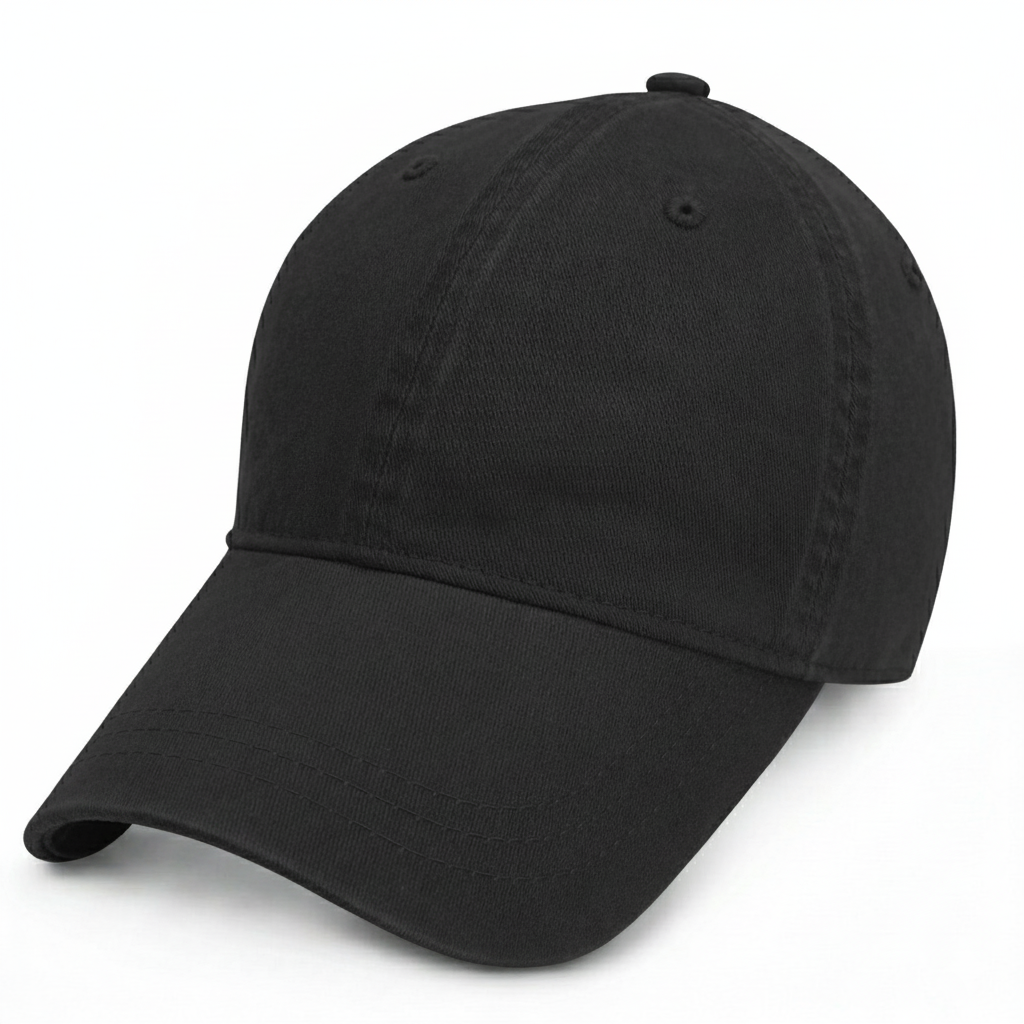 Front left view of a black unstructured cotton baseball cap for big heads with a relaxed fit and 6-panel design.