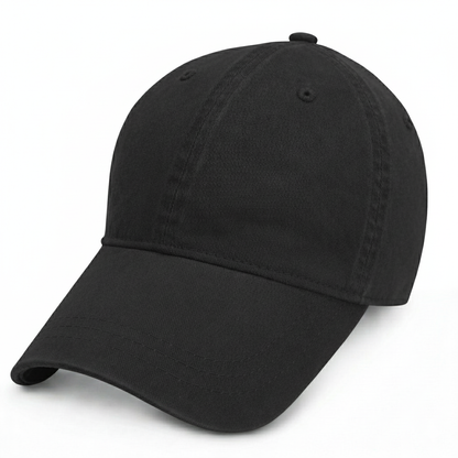 Front left view of a black unstructured cotton baseball cap for big heads with a relaxed fit and 6-panel design.