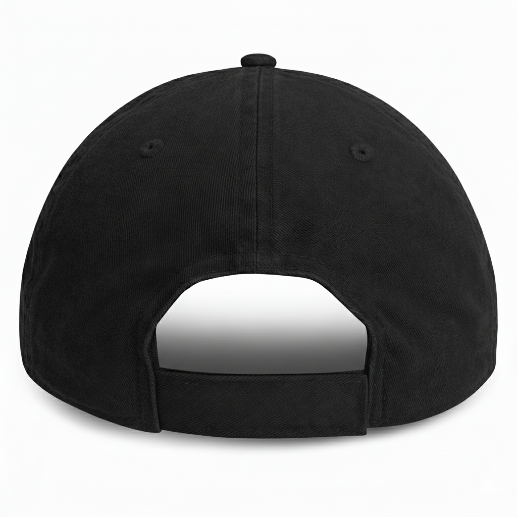 Rear view of an unstructured, black  cotton baseball cap for big heads, featuring an adjustable velcro strap and sewn eyelets.