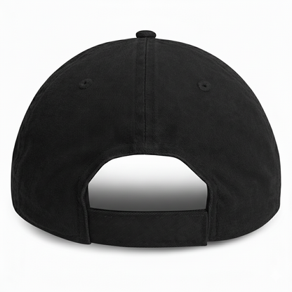 Rear view of an unstructured, black  cotton baseball cap for big heads, featuring an adjustable velcro strap and sewn eyelets.