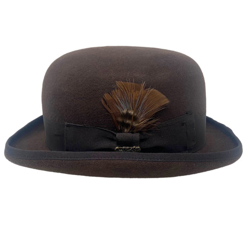 Bowler Hat - Brown left side with feather and brown hat  band