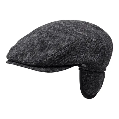 Dark Grey Wool Herringbone Driving Cap with Ear Flaps