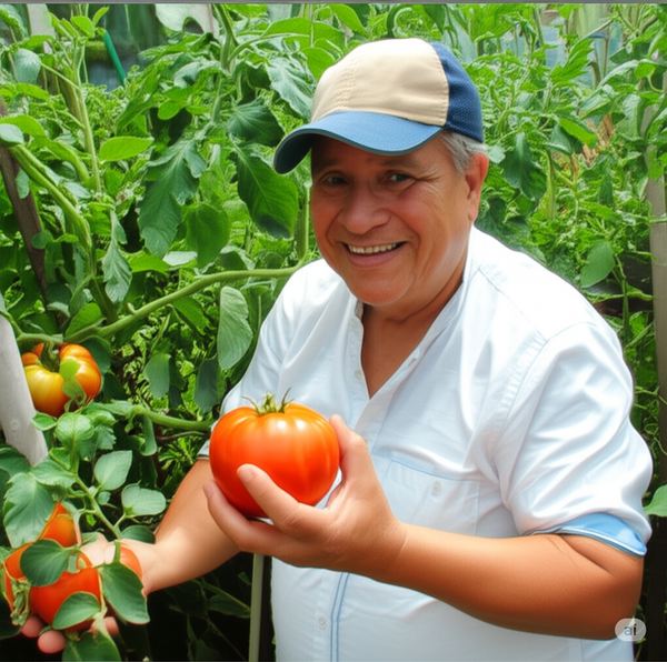 Man in a tomato garden wearing a Dark Khaki with Blue Coolnit Unstructured cap