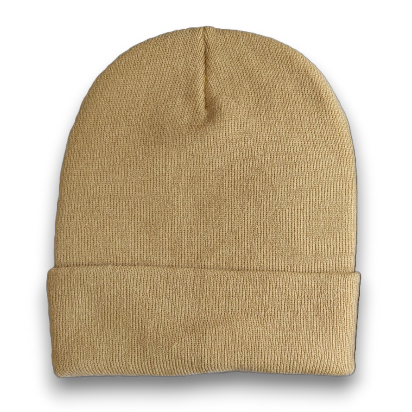 side view of Desert tan oversized knit beanie for big heads in size 3XL, a fold-over cuff and extra-deep stretch acrylic fit.