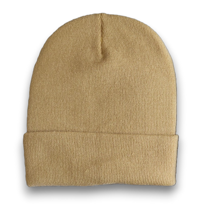 side view of Desert tan oversized knit beanie for big heads in size 3XL, a fold-over cuff and extra-deep stretch acrylic fit.