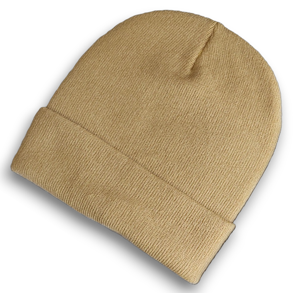 Desert tan oversized knit beanie for big heads in size 3XL, shown on a white background with a fold-over cuff and extra-deep stretch fit.