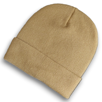 Desert tan oversized knit beanie for big heads in size 3XL, shown on a white background with a fold-over cuff and extra-deep stretch fit.