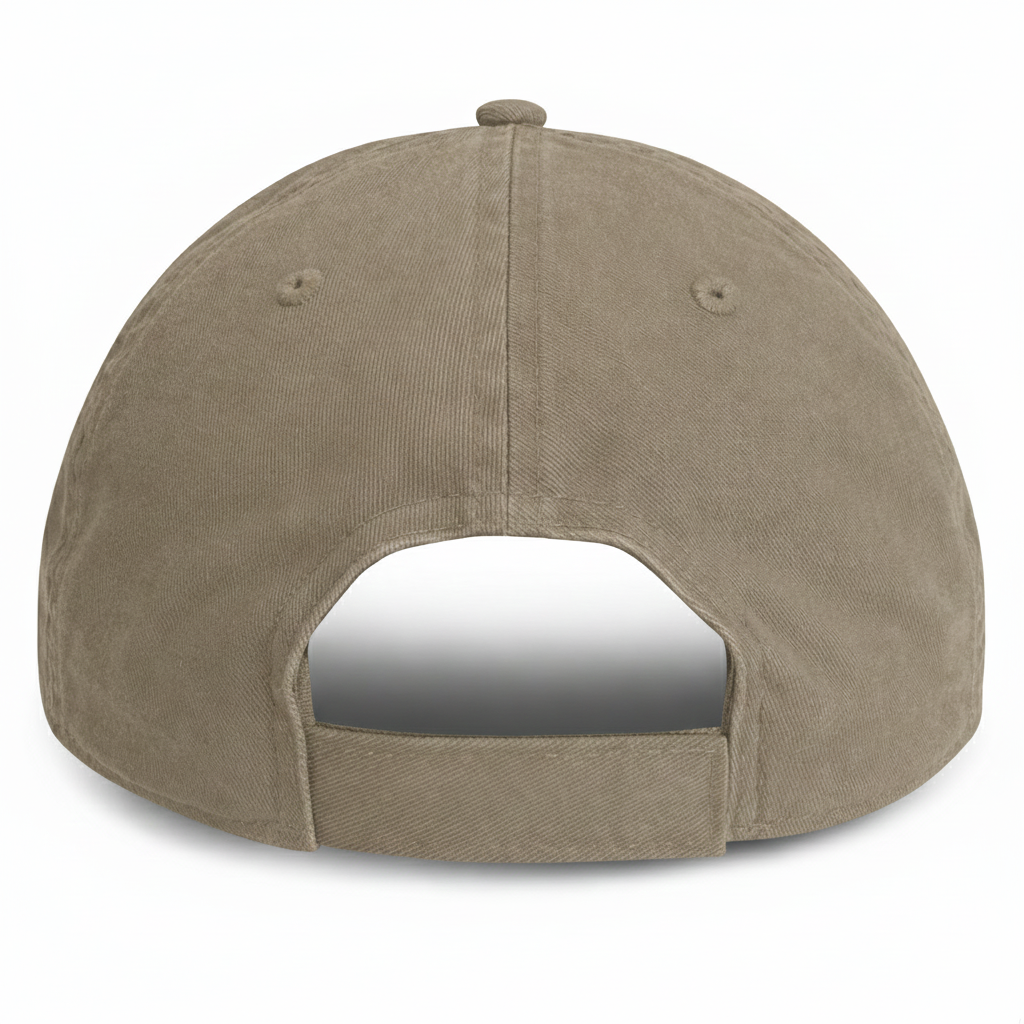 rear view of our earth khaki colored unstructured baseball cap for big heads with adjustable velcro strap in size 3XL 4XL