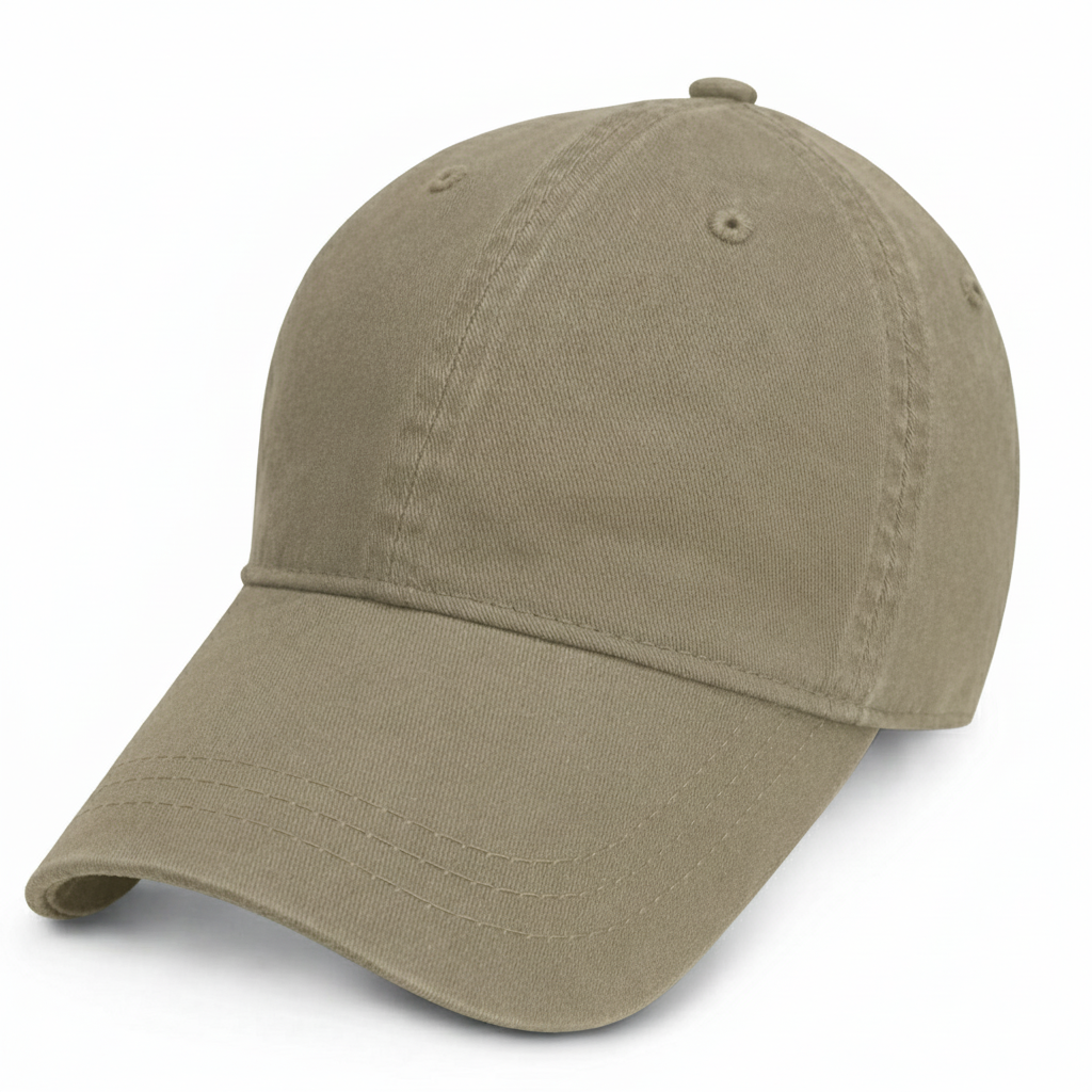 front left view of our earth khaki colored unstructured baseball cap for big heads in size 3XL 4XL