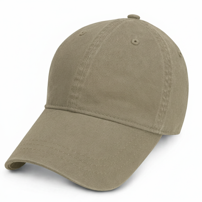 front left view of our earth khaki colored unstructured baseball cap for big heads in size 3XL 4XL