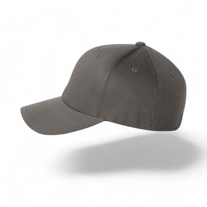 left side left view of a dark gray flexfit-unstructured baseball cap for big heads in size 3XL