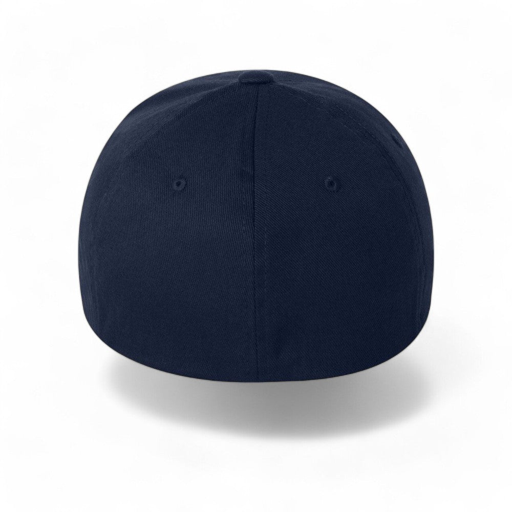 rear view of a navy blue structured flexfit baseball cap for big heads in size 3XL