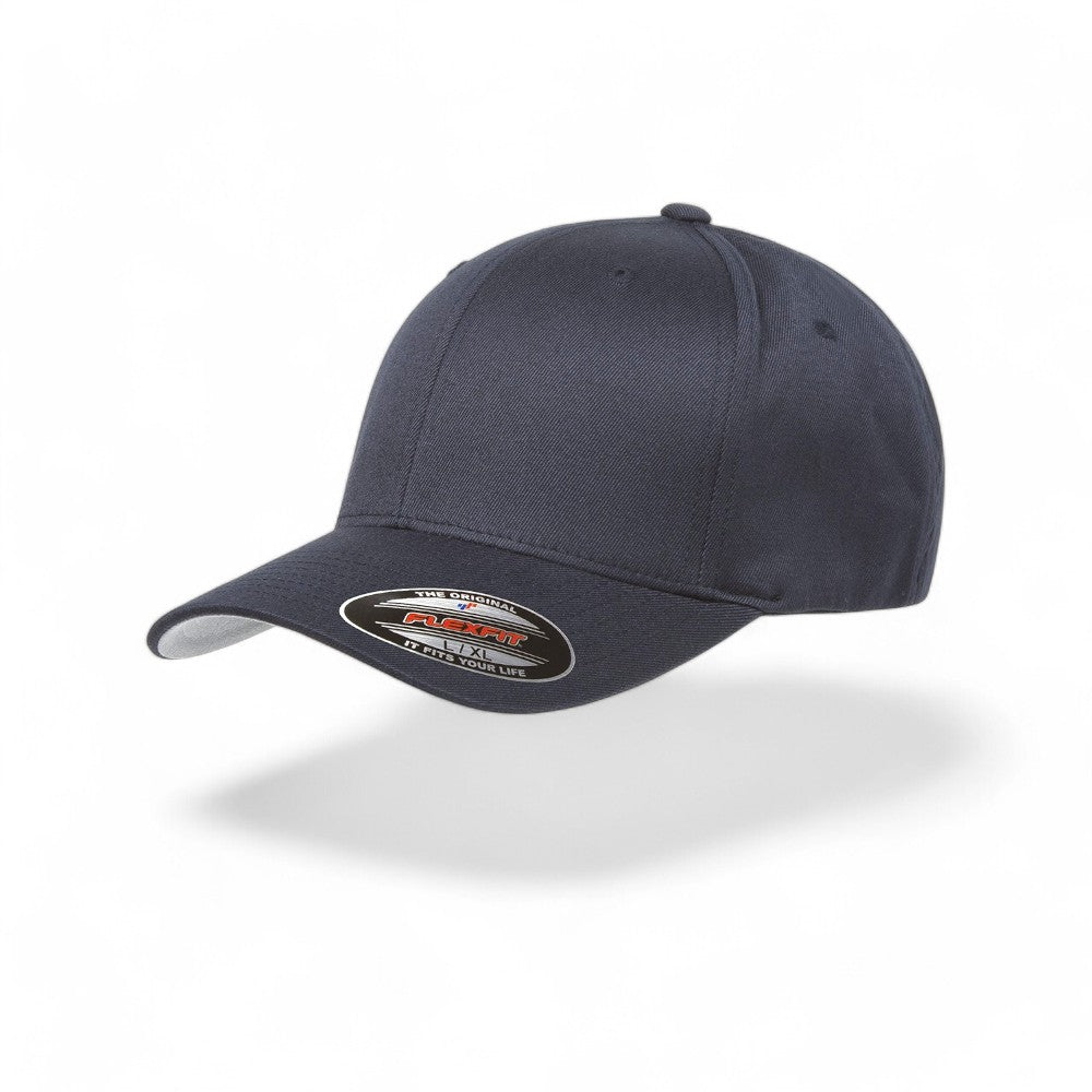 front view of a navy blue structured flexfit baseball cap for big heads in size 3XL