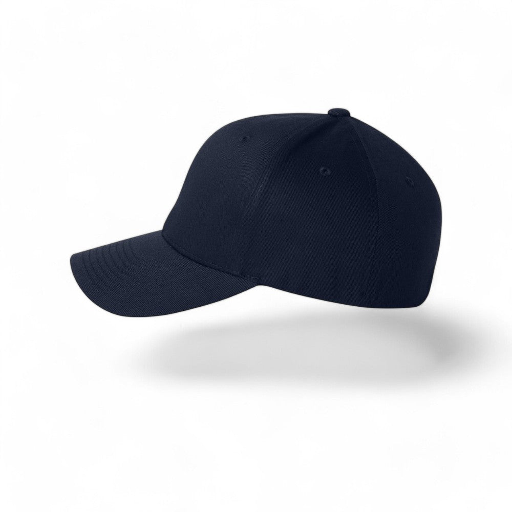 left side view of a navy blue structured flexfit baseball cap for big heads in size 3XL