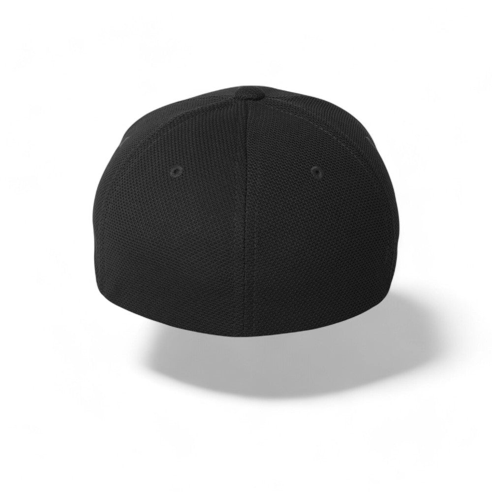 Flexfit baseball cap, black stretch wicking fabric with extra deep crown, rear view on white background.