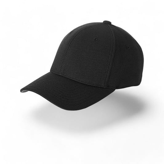 Flexfit baseball cap, black stretch wicking fabric with extra deep crown, left front view on white background.