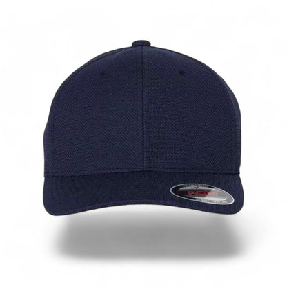 Flexfit baseball cap, navy blue wicking stretch fabric with extra deep crown, front view on white background.