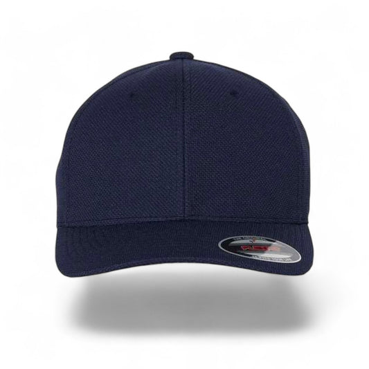 Flexfit baseball cap, navy blue wicking stretch fabric with extra deep crown, front view on white background.