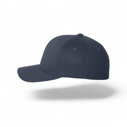 Flexfit baseball cap for extra large heads, navy blue wicking stretch fabric with extra deep crown, left profile view on white background.