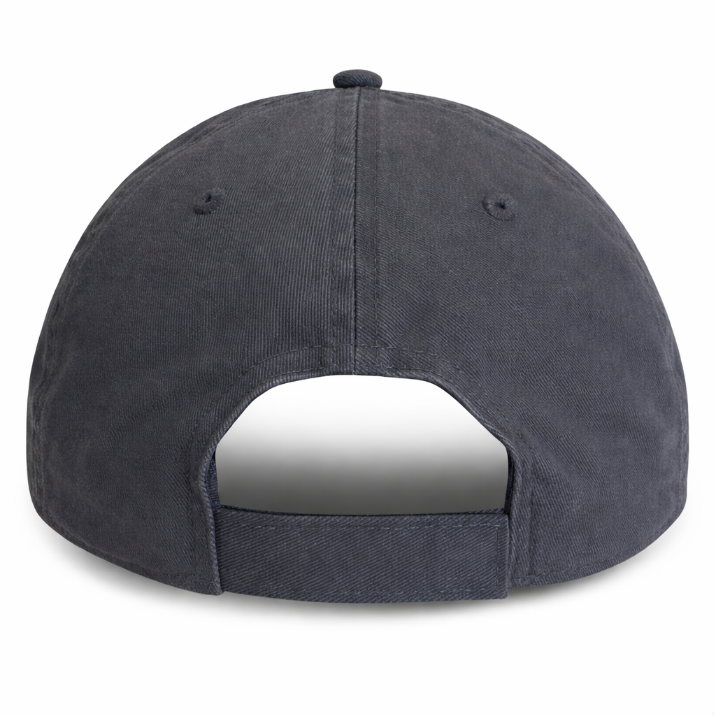 rear view of our gray unstructured baseball cap showing the adjustable velcro strap for big heads in size 3XL 4XL
