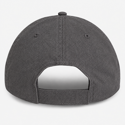 The back view of a dark gray fabric baseball cap with an adjustable snapback strap, shown on a light gray background.
