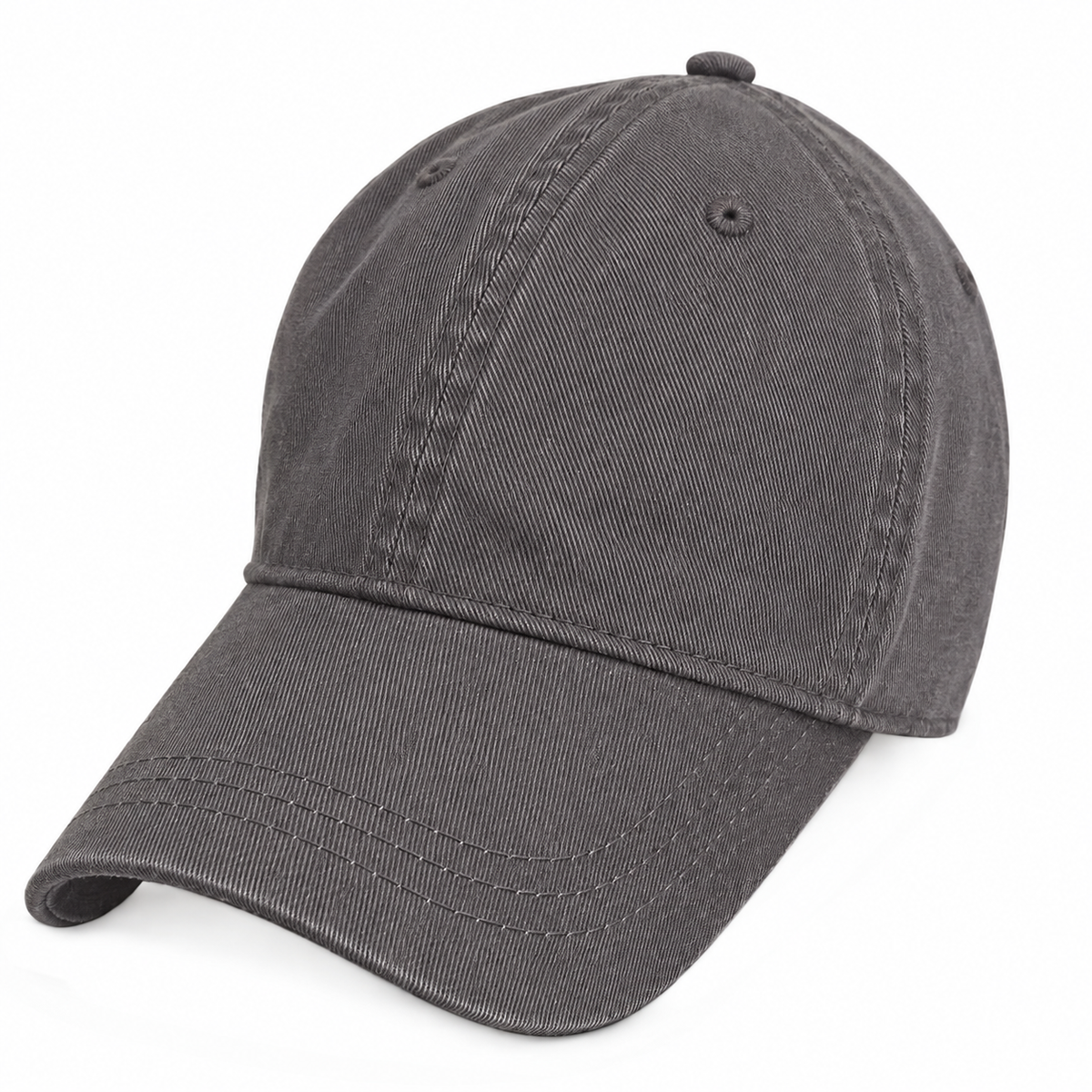 A dark gray washed cotton baseball cap with a curved brim, photographed on a clean white background.